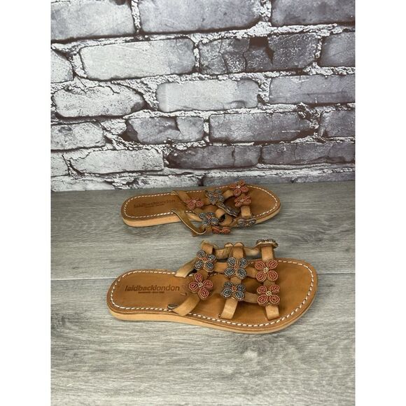Laidback London Brown Leather Handmade Boho Floral Beaded Sandals Women 7US/38EU - Picture 9 of 16